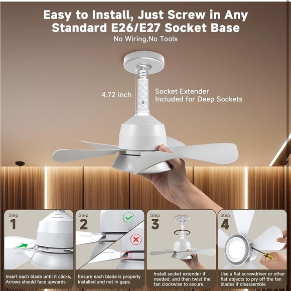 Brand New Socket Ceiling Fan 3-Color LED Light Dimmable Remote Control White - Picture 7 of 16